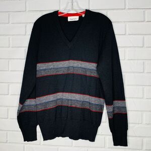vintage 90s all wool sweater V neck stripes black red Damon size medium men
